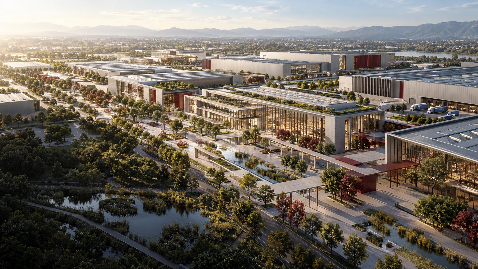 Architectural visualization of a commercial and industrial campus arranged around landscaped public space