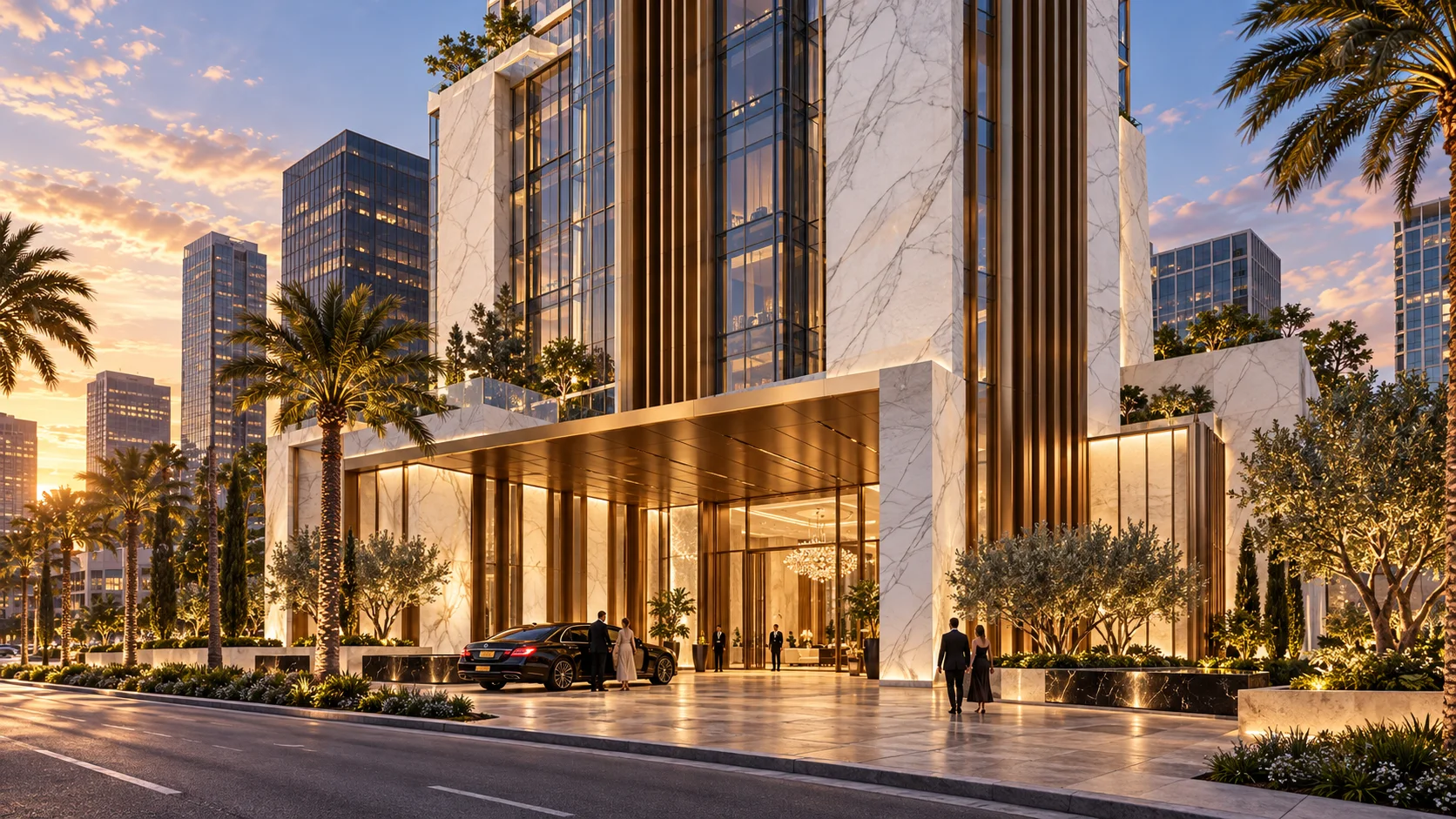 Segal Tower: evening arrival architectural visualization