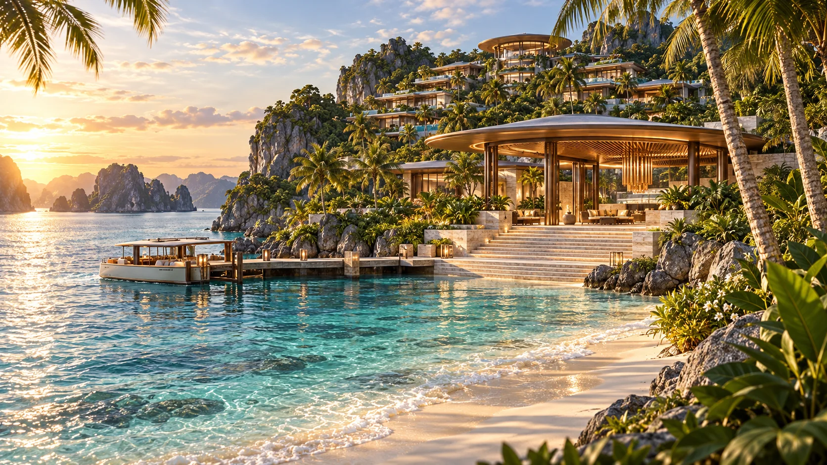 DAO Island: beach arrival architectural visualization